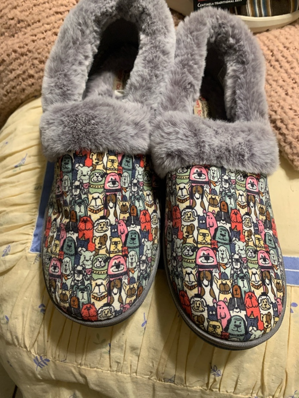BOBS from Skechers Gray Plush Lined Slippers with Multicolor Dog Print